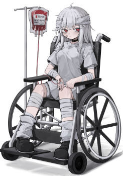 1girl absurdres bandaged_arm bandaged_head bandaged_leg bandages bandaid bandaid_on_cheek bandaid_on_face black_shoes blood blood_bag closed_mouth commentary_request dress full_body highres hisha_(kan_moko) intravenous_drip leg_warmers long_hair looking_at_viewer original puffy_short_sleeves puffy_sleeves red_eyes shoes short_dress short_sleeves sitting wheelchair white_dress white_hair white_leg_warmers