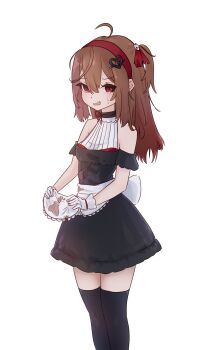 Rule 34 | 1girl, absurdres, ahoge, apron, bare shoulders, black dress, black thighhighs, breasts, broken heart, broken heart hair ornament, brown hair, commentary, dress, english commentary, evil neuro-sama, fang, feet out of frame, from side, gloves, hair between eyes, hairband, heart, highres, holding, holding apron, long hair, looking at viewer, neuro-sama, open mouth, red eyes, red hairband, red ribbon, reivooon, ribbon, short dress, simple background, small breasts, solo, thighhighs, torn hair ribbon, two side up, vedal ai, virtual youtuber, white apron, white background, white gloves