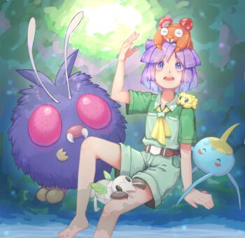 1boy arm_support arm_up barefoot belt belt_buckle bob_cut brown_belt buckle bugsy_(pokemon) collared_shirt commentary_request gen_1_pokemon gen_3_pokemon gen_5_pokemon green_shirt green_shorts joltik male_focus neckerchief nincada nintendo on_head on_shoulder paras pokemon pokemon_(creature) pokemon_hgss pokemon_on_head pokemon_on_shoulder purple_eyes purple_hair s_(happycolor_329) shirt short_hair short_sleeves shorts sitting surskit venonat yellow_neckerchief