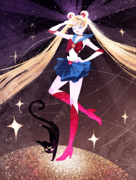 1girl bishoujo_senshi_sailor_moon blonde_hair blue_sailor_collar blue_skirt blush boots bow bright_pupils brooch choker circlet closed_eyes commentary crescent double_bun elbow_gloves english_commentary facing_viewer floating_hair full_body gloves hair_bun hand_on_own_hip handstand heart high_heels jewelry knee_boots long_hair long_legs looking_at_another luna_(sailor_moon) magical_girl miniskirt one_arm_handstand pink_eyes pleated_skirt print_boots red_boots red_bow red_choker sailor_collar sailor_moon sailor_senshi_uniform school_uniform serafuku skirt smile solo sparkle standing standing_on_one_leg tsukino_usagi twintails v very_long_hair vivien_wu white_gloves white_pupils