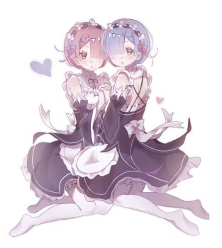 2girls :o apron bare_shoulders black_dress black_sleeves blue_eyes blue_hair blush bow breasts collar detached_collar detached_sleeves dress esm0ca frilled_sleeves frills from_side hair_ornament hair_over_one_eye hair_ribbon hashtag-only_commentary heart highres holding_hands interlocked_fingers looking_at_viewer looking_to_the_side maid maid_apron maid_headdress medium_breasts multiple_girls neck_ribbon open_mouth pink_eyes pink_hair pink_ribbon purple_ribbon ram_(re:zero) re:zero_kara_hajimeru_isekai_seikatsu red_eyes rem_(re:zero) ribbon ribbon-trimmed_clothes ribbon_trim roswaal_mansion_maid_uniform short_hair siblings simple_background sisters sleeveless sleeveless_dress thighhighs twins waist_apron white_apron white_background white_bow white_collar white_thighhighs wide_sleeves x_hair_ornament