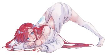 1girl backless_outfit blue_eyes breasts cleavage commentary earrings english_commentary hair_between_eyes highres jewelry long_hair median_furrow open_mouth phase_connect red_hair red_nails rosemi_milktea second-party_source sinon_sinfonia sleeves_past_wrists solo sweater thighhighs virtual_youtuber white_sweater white_thighhighs