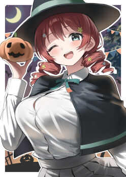 1girl absurdres aqua_eyes aqua_skirt black_capelet black_hat blush border capelet commentary_request drill_hair emma_verde freckles halloween_costume hat highres long_sleeves looking_at_viewer love_live! love_live!_nijigasaki_high_school_idol_club low_drills one_eye_closed open_mouth outside_border red_hair shirt skirt smile solo twin_drills upper_body white_border white_shirt witch_hat yuu_(shampoohatslime)