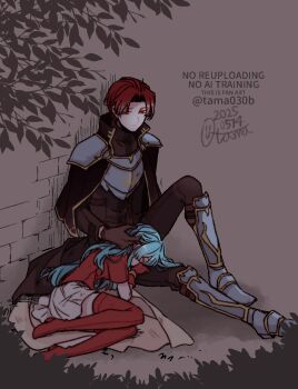 Rule 34 | 1boy, 1girl, 2025, against wall, aqua hair, armor, armored boots, black capelet, black shirt, boots, breastplate, breasts, cape, capelet, closed eyes, closed mouth, commentary request, eirika (fire emblem), fire emblem, fire emblem: the sacred stones, full body, gloves, grey armor, grey background, grey boots, hand on another's head, hetero, knee up, lap pillow, long hair, long sleeves, looking at another, nintendo, parted bangs, red eyes, red gloves, red hair, red shirt, sayu030b, seth (fire emblem), shirt, short hair, short sleeves, shoulder armor, sitting, skirt, sleeping, sleeping on person, small breasts, thigh boots, thighhighs, tree shade, watermark, white skirt, yellow armor, yellow cape, zettai ryouiki