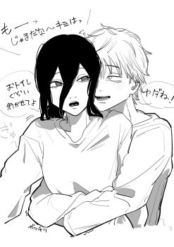1boy 1girl absurdres chainsaw_man denji_(chainsaw_man) greyscale hair_between_eyes hetero highres hug hug_from_behind long_sleeves monochrome oku_swamp open_mouth reze_(chainsaw_man) sharp_teeth shirt teeth translation_request