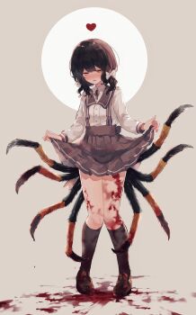 1girl absurdres arthropod_girl arthropod_limbs black_hair blood blood_on_leg blush bow brown_background brown_shoes collared_shirt commentary_request curtsey full_body grey_eyes grey_skirt grey_socks hair_between_eyes hair_bow heart highres insect_girl looking_at_viewer original pleated_skirt shirt shoes skirt socks solo spider_girl suspender_skirt suspenders white_bow white_shirt y_o_u_k_a yellow_eyes