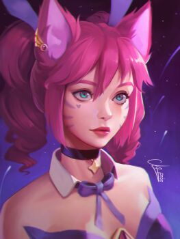 1girl absurdres ahri_(league_of_legends) alternate_costume alternate_hair_color alternate_hairstyle animal_ears banana_(bananapie) bare_shoulders bow breasts choker cleavage commentary dated detached_collar drill_hair ear_piercing expressionless facial_mark fake_animal_ears fox_ears hair_between_eyes heart highres league_of_legends long_hair looking_at_viewer medium_breasts neck_ribbon night piercing pink_eyes pink_hair playboy_bunny rabbit_ears rabbit_tail ribbon shooting_star sidelocks signature sky solo star_(sky) star_(symbol) star_guardian_(league_of_legends) star_guardian_ahri starry_sky starry_sky_background tail twin_drills vastaya whisker_markings