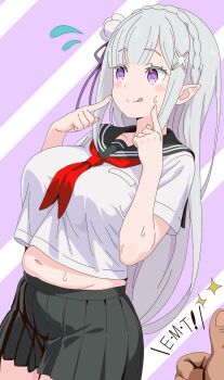 1girl alternate_costume ascot belly black_skirt blush braid breasts crop_top crown_braid emilia_(re:zero) fingers_to_cheeks flower hair_flower hair_ornament hair_ribbon licking_lips long_hair medium_breasts muffin_top navel p: plump pointing pointing_at_self pointy_ears purple_background purple_eyes purple_ribbon re:zero_kara_hajimeru_isekai_seikatsu remnia ribbon sailor_collar school_uniform serafuku shirt skirt smile standing sweat thumbs_up tongue tongue_out white_hair white_shirt