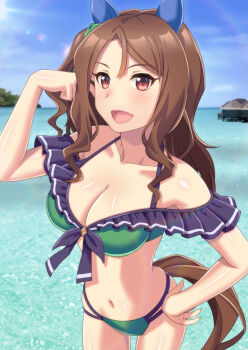 1girl animal_ears bare_shoulders bikini blue_sky blush bow breasts brown_hair cleavage cloud collarbone ear_bow ear_covers ear_ribbon green_bikini green_bow hair_between_eyes highres horse_ears horse_girl horse_tail king_halo_(umamusume) large_breasts long_hair looking_at_viewer navel norizou open_mouth outdoors red_eyes sky smile solo stomach swimsuit tail umamusume water