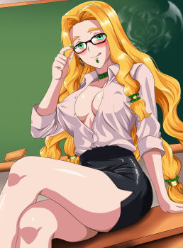 Rule 34 | 1girl, absurdres, adjusting eyewear, arkan54, black skirt, blonde hair, blush, breasts, center opening, classroom, commentary, covered erect nipples, crossed legs, english commentary, face piercing, fate/grand order, fate (series), glasses, green eyes, highres, large breasts, long hair, looking at viewer, partially unbuttoned, piercing, quetzalcoatl (fate), shirt, sitting, sitting on table, skirt, smile, solo, teacher, tongue, tongue out, white shirt