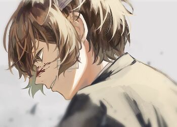 Rule 34 | 1boy, blood, blood on face, brown eyes, bungou stray dogs, dazai osamu (bungou stray dogs), from side, gauze, gauze on cheek, grey jacket, hair behind ear, hashtag-only commentary, highres, jacket, male focus, parted bangs, parted lips, profile, short hair, smile, solo, suit jacket, ufomelet et, upper body