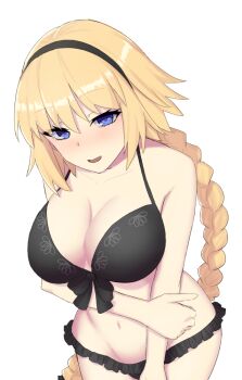 Rule 34 | 1girl, bare shoulders, bikini, black bikini, blonde hair, blue eyes, blush, braid, braided ponytail, breasts, cleavage, commentary request, elfenlied22, fate/grand order, fate (series), hairband, jeanne d'arc (fate), jeanne d'arc (swimsuit archer) (first ascension) (fate), large breasts, long hair, looking at viewer, navel, open mouth, smile, solo, swimsuit, very long hair