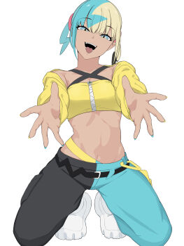 1girl :d absurdres bandeau belt black_belt blue_eyes canari_(pokemon) commentary highres jacket kneeling kyuuniutauyo looking_at_viewer multicolored_hair nail_polish nintendo open_clothes open_jacket open_mouth pants pokemon pokemon_legends:_z-a shoes simple_background smile solo spread_fingers teeth tongue twintails white_background white_shoes yellow_bandeau yellow_jacket zipper zipper_pull_tab