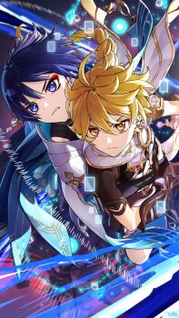 2boys aether_(genshin_impact) ahoge apollo_hotori arm_armor armor black_bridal_gauntlets black_hakama black_shorts black_tank_top blonde_hair blue_cape blunt_bangs braid bridal_gauntlets brown_gloves brown_shirt cape closed_mouth commentary_request earrings eyeshadow floating_clothes floating_hair flying genshin_impact gloves gold_trim hair_between_eyes hakama hakama_shorts highres hug hug_from_behind japanese_clothes jewelry long_hair looking_up low-braided_long_hair low-tied_long_hair magic makeup male_focus mandarin_collar multiple_boys open_clothes open_shirt purple_background purple_eyes purple_hair red_eyeshadow scaramouche_(genshin_impact) scarf shirt short_hair short_sleeves shorts shoulder_armor single_braid single_earring tank_top tassel teeth v-shaped_eyebrows wanderer_(genshin_impact) white_scarf white_shirt yellow_eyes