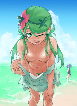 2girls beach bent_over blue_hair blue_one-piece_swimsuit breasts colored_pubic_hair dark_nipples day female_pubic_hair flower green_eyes green_hair green_headband green_pubic_hair grey_overalls hair_flower hair_ornament headband highres kouya_toufu lana_(pokemon) long_hair looking_at_another looking_at_viewer mallow_(pokemon) medium_hair multiple_girls navel nintendo nipples no_bra no_panties ocean one-piece_swimsuit one_eye_closed open_mouth outdoors overalls parted_bangs petite pink_flower pokemon pokemon_sm pubic_hair sand seductive_smile small_breasts smile solo_focus standing stomach sweat swimsuit tan twintails undressing very_long_hair water