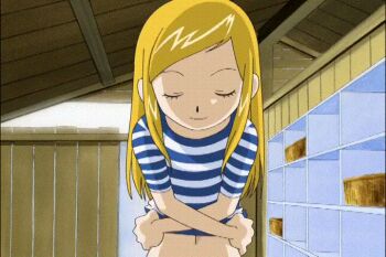 1girl animated animated_gif anime_screenshot blonde_hair digimon digimon_frontier female_focus looking_at_viewer orimoto_izumi screencap solo undressing