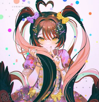 1girl ahoge aqua_hair artist_name bead_bracelet beads blush bow bracelet brown_hair closed_mouth commentary commentary_request cross cross_hair_ornament dress english_commentary eyelashes facial_mark finger_to_mouth fingernails floating_hair food_print fruit_print fymrie hair_between_eyes hair_intakes hair_ornament hairclip hands_up heart heart_ahoge heart_hair_ornament holding holding_own_hair jewelry lace_trim long_fingernails long_hair looking_at_viewer multicolored_hair multicolored_nails multiple_rings nail_polish original pink_hair print_dress puffy_short_sleeves puffy_sleeves purple_dress ring sample_watermark short_sleeves shushing sidelocks smile solo star_(symbol) star_hair_ornament strawberry_print streaked_hair swept_bangs twintails twitter_username two-tone_hair upper_body very_long_hair watermark x_hair_ornament yellow_bow yellow_eyes