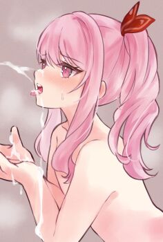 1other akiyama_mizuki bad_id bad_pixiv_id blush bow brown_background commentary_request cum cum_on_body cum_on_hands drill_hair drill_sidelocks facial film_grain from_side genmai_komeko hair_between_eyes hair_bow hands_up high_side_ponytail highres long_hair looking_ahead nose_blush nude open_mouth other_focus pink_eyes pink_hair project_sekai red_bow side_drill side_ponytail sidelocks simple_background solo steam sweatdrop swept_bangs teeth tongue tongue_out upper_body upper_teeth_only