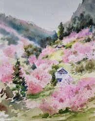 Rule 34 | akemisuisai, building, cherry blossoms, day, foliage, forest, grass, highres, hill, house, impressionism, landscape, mountain, nature, no humans, original, painting (medium), scenery, spring (season), traditional media, tree, watercolor (medium)
