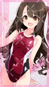 1girl alternate_breast_size_(smaller) artist_name brown_eyes brown_hair character_name competition_swimsuit covered_navel cowboy_shot flat_chest highleg highleg_one-piece_swimsuit highres idolmaster idolmaster_cinderella_girls inaba_shiki long_hair looking_at_viewer multicolored_swimsuit one-piece_swimsuit one_side_up red_one-piece_swimsuit shimamura_uzuki solo swimsuit watermark watermark_grid waving