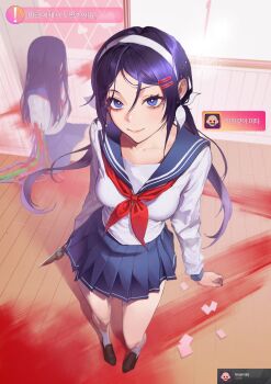 2girls absurdres achievement_unlocked blood blood_on_ground blood_on_wall bloody_tears bloody_weapon blue_eyes blue_skirt breasts closed_mouth commentary crazy_mita_(miside) dismemberment from_above hair_ornament hair_tie hairband hairclip highres holding holding_knife kind_mita_(miside) knife korean_text loafers long_hair looking_at_viewer miniskirt miside mita_(miside) multiple_girls perspective pleated_skirt purple_hair sailor_collar school_uniform serafuku shirt shoes skirt small_breasts smile socks spoilers steam_(platform) suhsuh translation_request twintails very_long_hair weapon white_hairband white_shirt white_socks wire