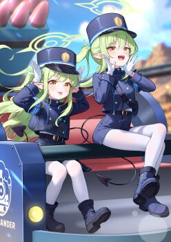 2girls absurdres aviary blue_archive blue_sky blush breasts commentary demon_tail green_hair green_halo halo hat highlander_railway_academy_logo highres hikari_(blue_archive) looking_at_viewer missile multiple_girls nozomi_(blue_archive) pantyhose siblings sitting sky small_breasts tail train twins twintails yellow_eyes