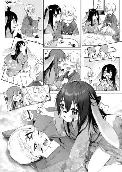 1boy 1girl :3 :d absurdres animal_ears blindfold blush commentary_request drawing_on_another's_face greyscale hanafuda heart highres japanese_clothes kimono kurimochi_chizuru licking licking_another's_face long_hair lying monochrome obi obijime on_back open_mouth original rabbit_ears sandals sash seiza sitting smile