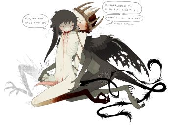 2boys amputee bdsm bird_legs biting biting_shoulder black_tail black_wings bleeding blood blood_on_shoulder bondage bound breath brown_collar brown_feathers chain chained collar commentary crown drooling ember_(jejejunum) english_commentary english_text erection feathers full_body guro harpy_boy highres huffing injury jejejunum kneeling looking_at_another looking_down male_focus masochism metal_collar monster_boy multicolored_hair multiple_boys nethermare original pain penis penis_tentacle ribs sadism simple_background skinny smile speech_bubble split-color_hair spotted_fur tears teasing tentacles torn_wings white_background wings wither_(jejejunum)