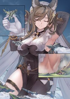 1girl absurdres aircraft airship animal_ears arm_behind_head armpits asymmetrical_legwear black_dress blue_hair breasts brown_hair cloud detached_sleeves dress extra_ears closed_eyes floating_island frilled_sleeves frills galleon_(granblue_fantasy) giant giantess gloves granblue_fantasy hair_between_eyes highres horns large_breasts long_hair multicolored_hair pelvic_curtain pointy_ears seo_tatsuya single_leg_pantyhose single_thighhigh sky sleeveless sleeveless_dress smile standing streaked_hair thigh_strap thighhighs white_gloves