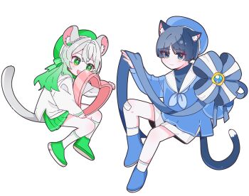 1boy 1girl absurdres alternate_costume alternate_hairstyle animal_ear_fluff animal_ears beret black_hair blue_eyes blue_gem blue_hat blue_neckerchief blue_ribbon blue_serafuku blue_shoes blunt_ends braid cat_boy cat_ears cat_tail closed_mouth commentary_request contemporary cross-shaped_pupils crossed_bangs eyelashes gauze_on_knee gem genshin_impact gradient_hair green_eyes green_hair green_pupils green_ribbon green_shoes green_skirt grey_hair hair_between_eyes hair_down hair_intakes hair_ornament hair_ribbon half_crown_braid hand_up hat highres holding korean_commentary leaf leaf_hair_ornament light_blush long_sleeves looking_at_another looking_at_viewer medium_skirt mouse_ears mouse_girl mouse_tail multicolored_hair nahida_(genshin_impact) neckerchief open_mouth pleated_skirt ribbon ringed_eyes sailor_collar scaramouche_(genshin_impact) school_uniform serafuku shirt shoes shorts skirt smile socks symbol-shaped_pupils tail teeth tsurime upper_teeth_only wheat_02 white_background white_sailor_collar white_shirt white_shorts white_sleeves white_socks white_trim