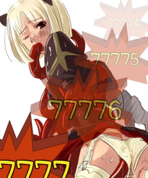 1girl ass bad_id bad_source black_dress blonde_hair brown_eyes commentary_request cowboy_shot damage_numbers dress garter_straps juliet_sleeves long_sleeves looking_at_viewer looking_back lowres mr.romance one_eye_closed open_mouth panties priest_(ragnarok_online) puffy_sleeves ragnarok_online short_hair simple_background solo tentacle_sex tentacles tentacles_under_clothes thighhighs underwear white_background white_panties white_thighhighs