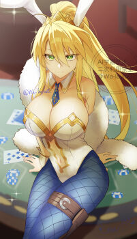 absurdres animal_ears artoria_pendragon_(fate) artoria_pendragon_(swimsuit_ruler)_(fate) artoria_pendragon_(swimsuit_ruler)_(first_ascension)_(fate) bare_shoulders blonde_hair blue_necktie blue_pantyhose breasts card casino cleavage collar cowboy_shot fake_animal_ears fate/grand_order fate_(series) fishnet_pantyhose fishnets gambling green_eyes highres large_breasts leotard necktie pantyhose playboy_bunny roulette_table sitting table wa_layla white_collar white_leotard