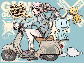 1girl anklet bear_hair_ornament black_shorts blue_jacket blush breasts chain collar crocs cross_pin demon_horns demon_tail english_text from_side hair_between_eyes hair_ornament heart heart_hair_ornament highres holding holding_chain horns jacket jewelry leg_tattoo long_sleeves looking_at_viewer motor_vehicle on_scooter open_mouth original pink_hair project.c.k. rabbit_pin scooter screw shorts sidelocks sitting small_breasts smoke smoke_trail speech_bubble stitches stuffed_toy tail tattoo tongue track_jacket twintails yellow_eyes