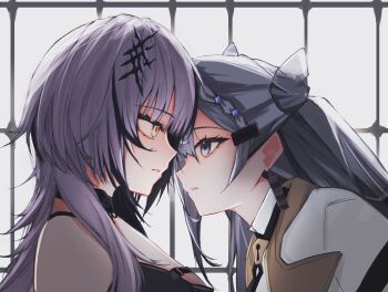 Rule 34 | 2girls, absurdres, black choker, black hair, blue eyes, braid, braided bangs, breasts, choker, cone hair bun, double bun, earrings, eye contact, face-to-face, from side, grey hair, hair bun, hair ornament, hashtag-only commentary, heads together, highres, hololive, hololive english, hololive indonesia, jacket, jewelry, keyhole, large breasts, long hair, looking at another, multicolored hair, multiple girls, parted lips, profile, saltdcrmell, shiori novella, shiori novella (1st costume), sideways mouth, streaked hair, two-tone hair, upper body, vestia zeta, vestia zeta (1st costume), virtual youtuber, white jacket, yellow eyes, yuri