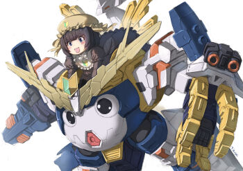 1girl apron black_dress black_eyes black_hair blue_eyes commentary_request dress highres kemono_friends keroro_gunsou kosai_takayuki maid maid_apron maid_headdress mecha mechanical_arms robot short_hair simple_background skirt solo tadpole tadpole_tail tail tamama tamama_(kemono_friends)