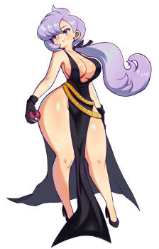 1girl anabel_(pokemon) bare_legs black_dress breasts cleavage dress eduedude high_heels highres holding holding_poke_ball large_breasts long_hair looking_at_viewer nintendo poke_ball pokemon pokemon_sm purple_eyes purple_hair solo
