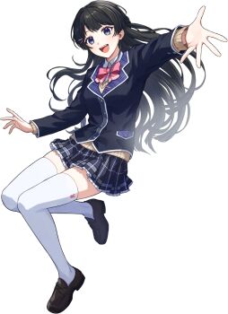 Rule 34 | 1girl, :d, arm up, artist request, black hair, black shoes, blue eyes, blue jacket, blue skirt, bow, bowtie, breasts, frilled skirt, frills, full body, hair ornament, hairpin, highres, jacket, lapels, light blush, long hair, long sleeves, looking at viewer, miniskirt, multiple hairpins, nijisanji, notched lapels, official art, open mouth, outstretched arm, outstretched hand, penny loafers, pink bow, pink bowtie, plaid clothes, plaid lapels, plaid skirt, pleated skirt, school uniform, second-party source, shoes, simple background, skirt, small breasts, smile, solo, teeth, thighhighs, transparent background, tsukino mito, tsukino mito (1st costume), upper teeth only, very long hair, virtual youtuber, white thighhighs, zettai ryouiki