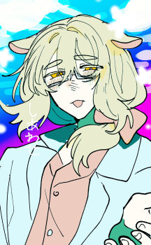 1boy :d alice_in_heaven aosoraa6 blonde_hair blue_background blue_jacket blush bow bright_pupils commentary_request glasses gradient_background hair_between_eyes hair_bow hair_over_shoulder half-closed_eyes highres jacket long_hair looking_at_viewer low_ponytail male_focus mouse_boy offering_hand open_clothes open_jacket open_mouth orange_eyes pink_bow pink_shirt ponytail purple_background rectangular_eyewear shirt smile solo thick_eyebrows upper_body white_pupils yama_nemuri