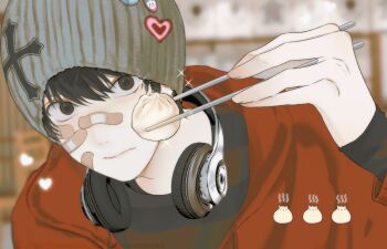 1boy badge bandaid bandaid_on_cheek bandaid_on_face bandaid_on_nose beanie black_eyes black_hair black_shirt button_badge chopsticks closed_mouth food_request gin_(euneunun) hat headphones headphones_around_neck heart highres holding holding_chopsticks holding_with_chopsticks hood hood_down hoodie looking_at_viewer male_focus original red_hoodie shirt short_hair solo
