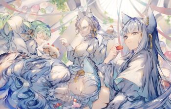 Rule 34 | 4girls, android, animal ear fluff, animal ears, balloon, blue hair, cake, can (crymachina), commentary request, crymachina, dress, eating, food, green hair, grey eyes, grey hair, guest art, hayat (crymachina), hayim (crymachina), long hair, macaron, multiple girls, party, short hair, sleeping, tamaki iori, vida (crymachina), wavy hair