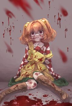 Rule 34 | 1girl, apron, bell, blood, blood on clothes, blood on face, boots, brown boots, bruise, bruise on face, checkered clothes, checkered kimono, commentary request, commission, crying, crying with eyes open, despair, empty eyes, green skirt, hair bell, hair ornament, highres, injury, japanese clothes, jingle bell, kimono, lace-up boots, long sleeves, motoori kosuzu, orange hair, red eyes, ryona, severed hair, sitting, skeb commission, skirt, solo, strap slip, tachibana yae (kanzaki kura), tears, textless version, touhou, traumatized, two side up, yellow apron