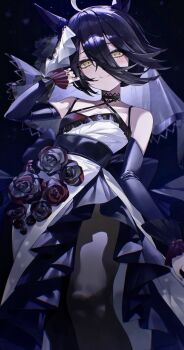 1girl animal_ears bare_shoulders black_flower black_hair black_pantyhose black_rose blurry closed_mouth commentary depth_of_field detached_sleeves dress dress_flower flower frilled_dress frills hair_between_eyes hand_up highres horse_ears horse_girl long_hair long_hair_between_eyes looking_at_viewer manhattan_cafe_(mysterious_rose)_(umamusume) manhattan_cafe_(umamusume) multicolored_dress nail_polish odsus777 official_alternate_costume pantyhose red_nails revision rose see-through_clothes see-through_veil smile solo umamusume untranslatable_commentary veil yellow_eyes