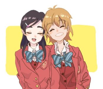 2girls aqua_bow black_hair blush bow breast_pocket brown_hair buttons closed_eyes collared_shirt commentary_request eyelashes futari_wa_precure grin hair_ornament hairclip jacket long_hair long_sleeves misumi_nagisa multiple_girls pocket precure red_jacket red_vest shirt short_hair simple_background smile striped_bow teeth upper_body user_ffuf8883 vest white_shirt yukishiro_honoka