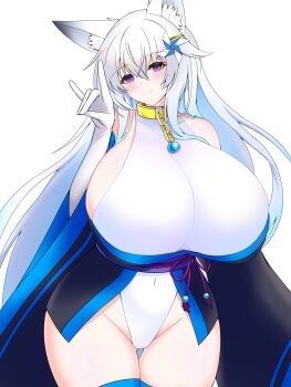 Rule 34 | 1girl, animal ears, bare shoulders, blush, borrowed character, breasts, collar, covered navel, fox ears, fox shadow puppet, fox tail, gluteal fold, hair ornament, highleg, highleg leotard, highres, huge breasts, leotard, long hair, looking at viewer, mizuki (kutan), original, pinwheel, pinwheel hair ornament, purple eyes, sideboob, siromiminoe, smile, solo, tail, thick thighs, thigh gap, thighhighs, thighs, white hair, white leotard, white thighhighs