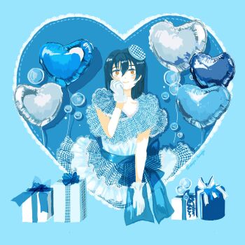Rule 34 | balloon, blue background, blue bow, blue dress, blue hair, bow, box, bubble, commentary request, dress, gift, gift box, gloves, hand on own face, hat, heart, heart balloon, highres, large bow, long hair, looking up, love live!, love live! school idol project, ohayo tamago, skirt, smile, sonoda umi, too many gifts, white gloves, yellow eyes