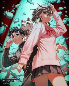 1boy 2girls adjusting_eyewear ayase_momo black_hair black_jacket blue_skirt bow bowtie brown_eyes brown_hair cat collared_shirt commentary cowboy_shot dandadan debris earrings floating_earrings gakuran glasses hair_between_eyes highres jacket jewelry kami_high_school_uniform long_sleeves mame_moyashi maneki-neko miniskirt multiple_girls on_shoulder parted_lips pink_sweater pleated_skirt red_bow red_bowtie round_eyewear school_uniform shirt short_hair skirt sweater symbol-only_commentary takakura_ken_(dandadan) turbo_granny_(dandadan) twitter_username white_shirt