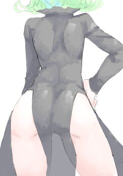 absurdres ass black_dress colored_skin commentary_request dress from_behind green_hair hand_on_own_hip highres mocamocaink monster_girl one-punch_man slime_girl solo spread_pussy spread_pussy_under_clothes tatsumaki white_background white_skin