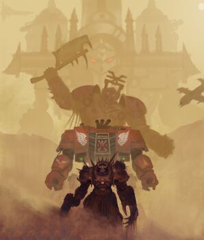 3boys absurdres adeptus_astartes aircraft airplane arm_cannon armor axe battle_axe blood blood_angels bloody_weapon bolter breastplate cannon chain chain_axe chaos_(warhammer) chaos_space_marine clawed_gauntlets collegia_titanica commentary day dreadnought_(warhammer_40k) dust dust_cloud english_commentary exhaust exhaust_pipe eyes_of_horus_(warhammer_40k) fake_horns fighter_jet from_behind full_armor gauntlets glowing glowing_eyes gun helmet highres holding holding_axe holding_weapon horned_helmet horns imperium_of_man looking_at_viewer mecha military military_vehicle multiple_boys outdoors pauldrons power_armor red_eyes robot science_fiction shoulder_armor shoulder_cannon sign_of_khorne solo spiked_armor spikes terminator_armor thefearmaster warhammer_40k weapon