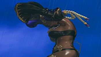 1girl ass bodypaint braid braided_ponytail breasts dark-skinned_female dark_skin dolores_(kof) dress female_focus glasses gold green_eyes highres jewelry large_breasts leather long_hair long_sleeves multicolored_hair outdoors panties purple_hair rain round_eyewear standing the_king_of_fighters thighs two-tone_hair underwear white_hair