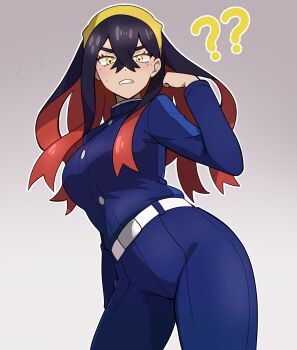 1girl ? ?? absurdres belt black_hair blueberry_academy_school_uniform blush carmine_(pokemon) colored_inner_hair commentary crossed_bangs english_commentary gradient_background grey_background highres long_hair mole mole_under_eye muis0802 multicolored_hair nintendo pokemon pokemon_sv red_hair school_uniform white_belt yellow_eyes